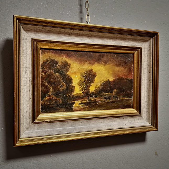 Antique Barbizon Landscape Oil Painting, Cows at Sunset, Framed French Art