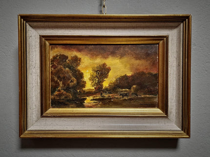 Antique Barbizon Landscape Oil Painting, Cows at Sunset, Framed French Art
