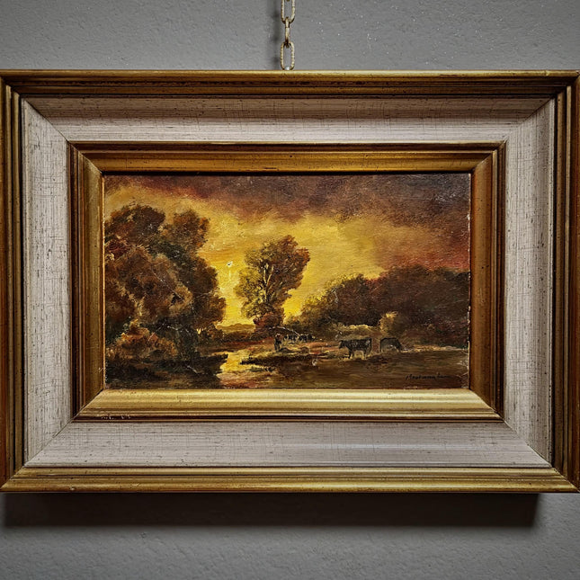 Antique Barbizon Landscape Oil Painting, Cows at Sunset, Framed French Art