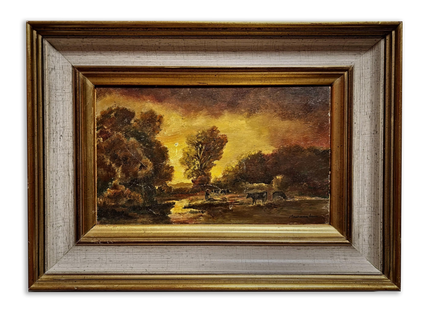 Antique Barbizon Landscape Oil Painting, Cows at Sunset, Framed French Art