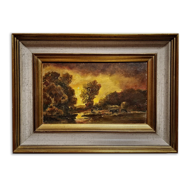 Antique Barbizon Landscape Oil Painting, Cows at Sunset, Framed French Art