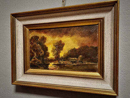 Antique Barbizon Landscape Oil Painting, Cows at Sunset, Framed French Art