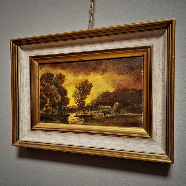 Antique Barbizon Landscape Oil Painting, Cows at Sunset, Framed French Art