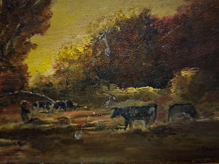 Antique Barbizon Landscape Oil Painting, Cows at Sunset, Framed French Art