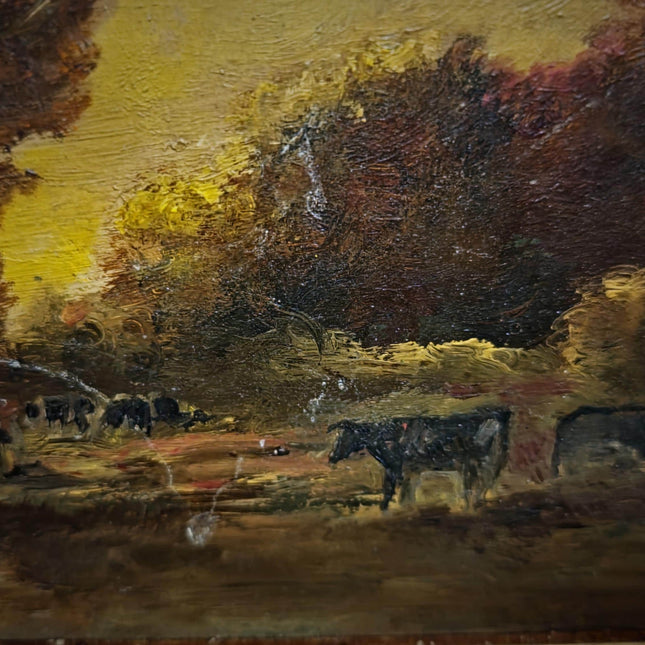 Antique Barbizon Landscape Oil Painting, Cows at Sunset, Framed French Art