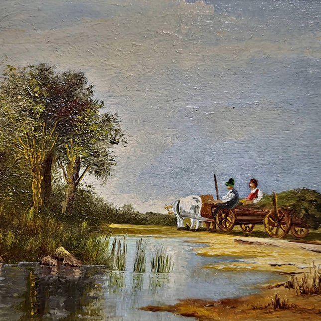 Vintage Landscape Oil Painting, Small Signed Original Artwork, Gold Framed Farmhouse Decor, European Countryside Scene, Rustic Wall Art