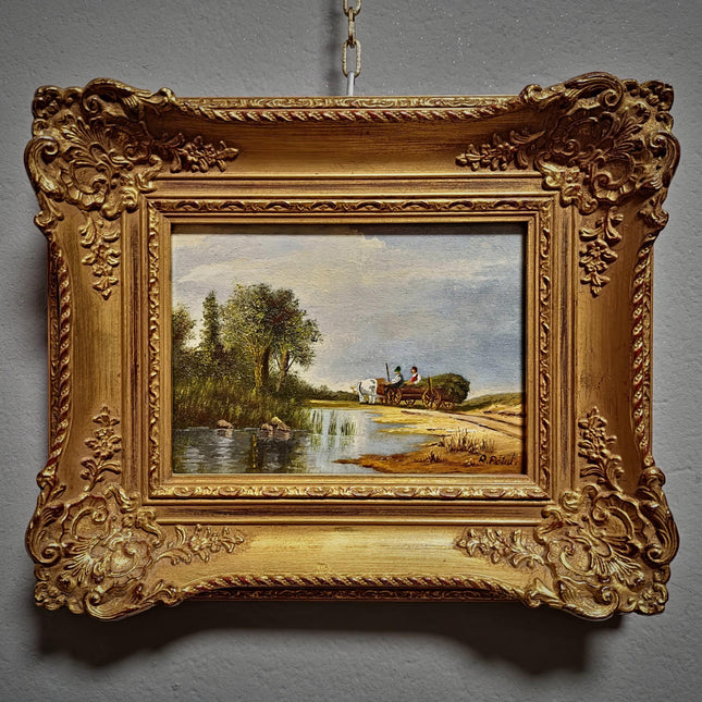 Vintage Landscape Oil Painting, Small Signed Original Artwork, Gold Framed Farmhouse Decor, European Countryside Scene, Rustic Wall Art