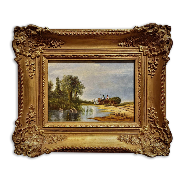 Vintage Landscape Oil Painting, Small Signed Original Artwork, Gold Framed Farmhouse Decor, European Countryside Scene, Rustic Wall Art