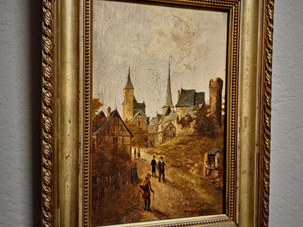 Antique Townscape Oil Painting, Signed Realistic Scene, Small 19th Century Artwork, Architecture and Figures, Ornate Gold Frame Wall Decor