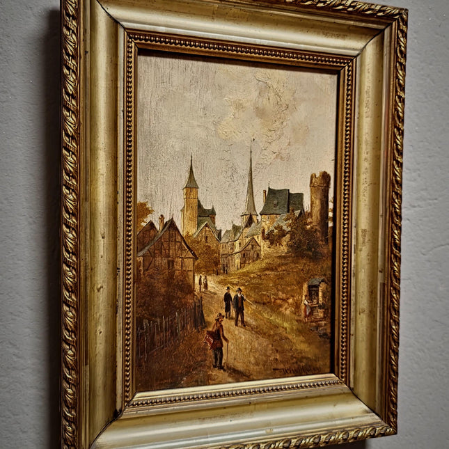 Antique Townscape Oil Painting, Signed Realistic Scene, Small 19th Century Artwork, Architecture and Figures, Ornate Gold Frame Wall Decor