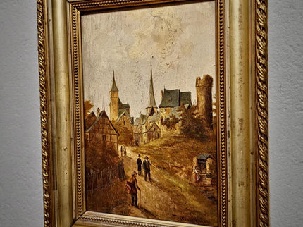Antique Townscape Oil Painting, Signed Realistic Scene, Small 19th Century Artwork, Architecture and Figures, Ornate Gold Frame Wall Decor