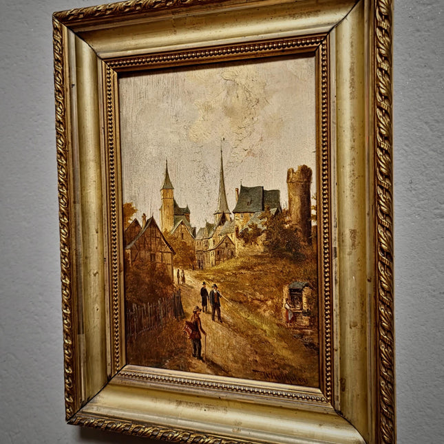 Antique Townscape Oil Painting, Signed Realistic Scene, Small 19th Century Artwork, Architecture and Figures, Ornate Gold Frame Wall Decor