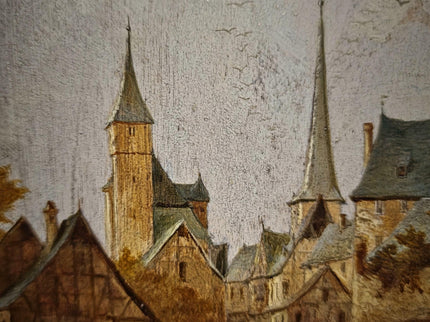 Antique Townscape Oil Painting, Signed Realistic Scene, Small 19th Century Artwork, Architecture and Figures, Ornate Gold Frame Wall Decor