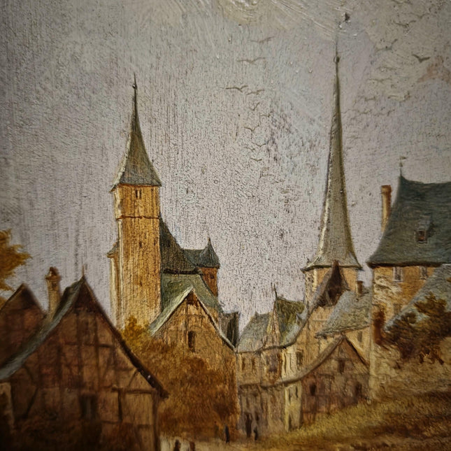 Antique Townscape Oil Painting, Signed Realistic Scene, Small 19th Century Artwork, Architecture and Figures, Ornate Gold Frame Wall Decor