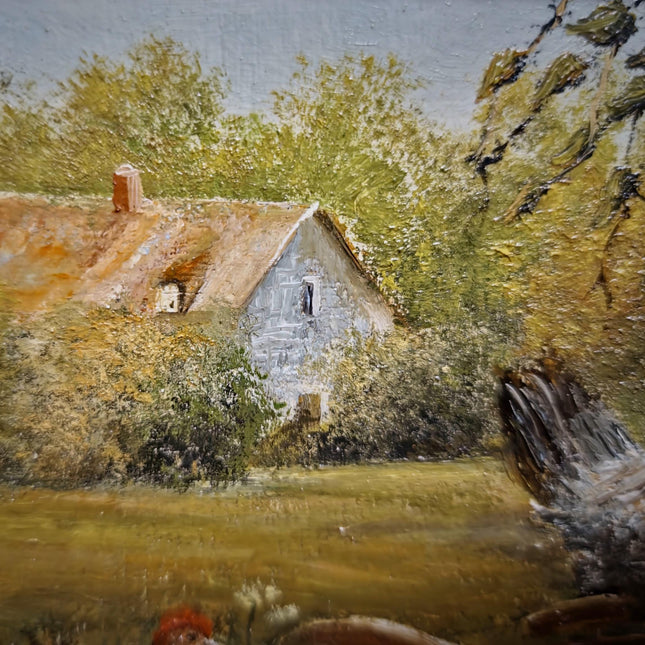 Vintage Farm Animal Oil Painting, Small Signed Artwork, Rustic Rooster and Hen Scene, Original German Village Decor, Framed Country Wall Art