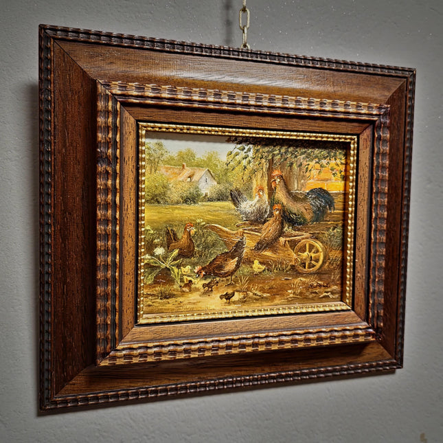 Vintage Farm Animal Oil Painting, Small Signed Artwork, Rustic Rooster and Hen Scene, Original German Village Decor, Framed Country Wall Art
