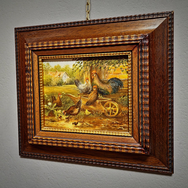 Vintage Farm Animal Oil Painting, Small Signed Artwork, Rustic Rooster and Hen Scene, Original German Village Decor, Framed Country Wall Art