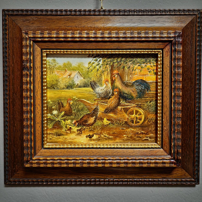 Vintage Farm Animal Oil Painting, Small Signed Artwork, Rustic Rooster and Hen Scene, Original German Village Decor, Framed Country Wall Art