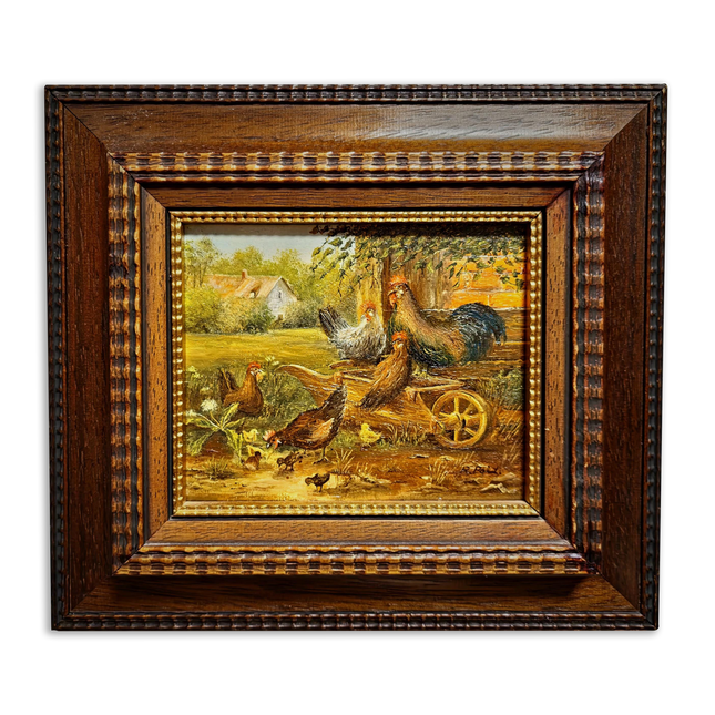 Vintage Farm Animal Oil Painting, Small Signed Artwork, Rustic Rooster and Hen Scene, Original German Village Decor, Framed Country Wall Art
