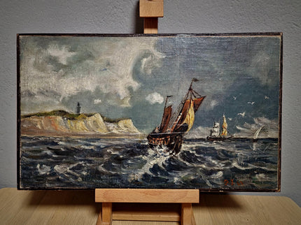 Antique Marine Oil Painting, 19th Century Sailing Ship, Original Signed Seascape Artwork, Stormy Sea with Lighthouse, French Coast Scene Art