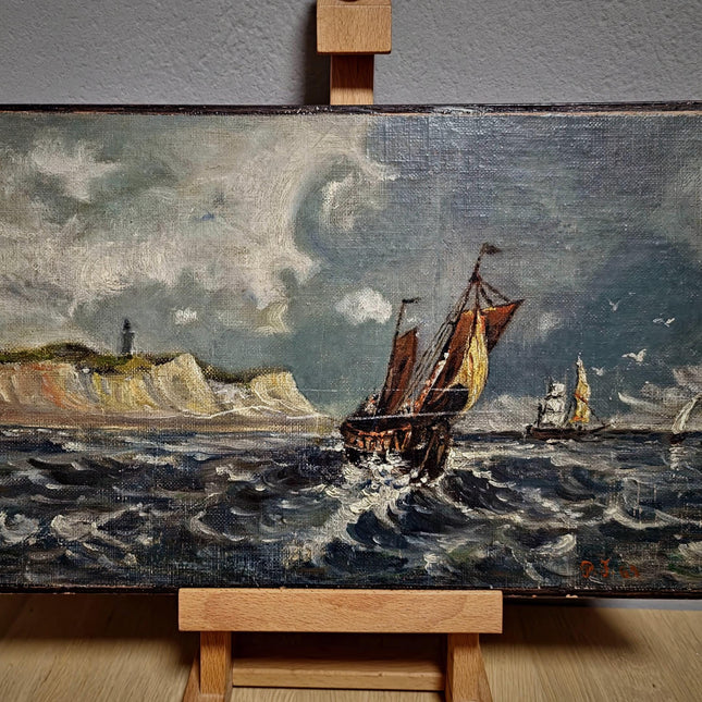 Antique Marine Oil Painting, 19th Century Sailing Ship, Original Signed Seascape Artwork, Stormy Sea with Lighthouse, French Coast Scene Art