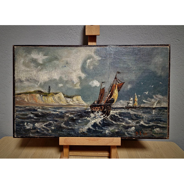 Antique Marine Oil Painting, 19th Century Sailing Ship, Original Signed Seascape Artwork, Stormy Sea with Lighthouse, French Coast Scene Art