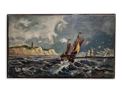 Antique Marine Oil Painting, 19th Century Sailing Ship, Original Signed Seascape Artwork, Stormy Sea with Lighthouse, French Coast Scene Art