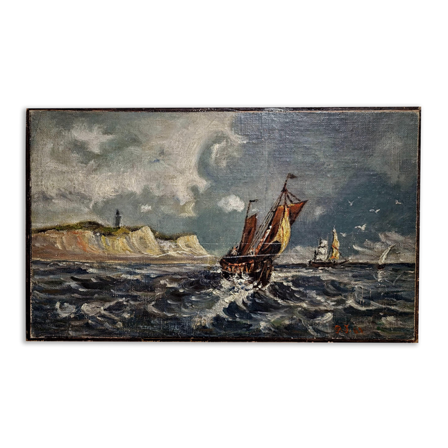 Antique Marine Oil Painting, 19th Century Sailing Ship, Original Signed Seascape Artwork, Stormy Sea with Lighthouse, French Coast Scene Art