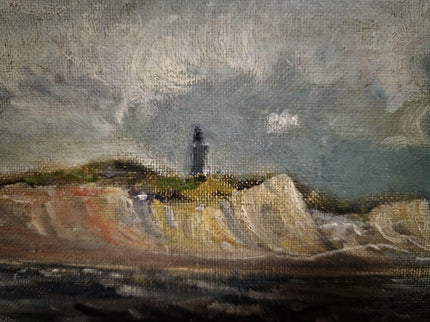 Antique Marine Oil Painting, 19th Century Sailing Ship, Original Signed Seascape Artwork, Stormy Sea with Lighthouse, French Coast Scene Art