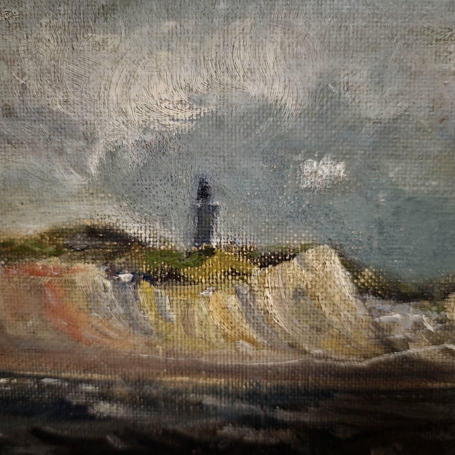 Antique Marine Oil Painting, 19th Century Sailing Ship, Original Signed Seascape Artwork, Stormy Sea with Lighthouse, French Coast Scene Art