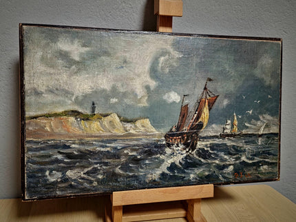 Antique Marine Oil Painting, 19th Century Sailing Ship, Original Signed Seascape Artwork, Stormy Sea with Lighthouse, French Coast Scene Art