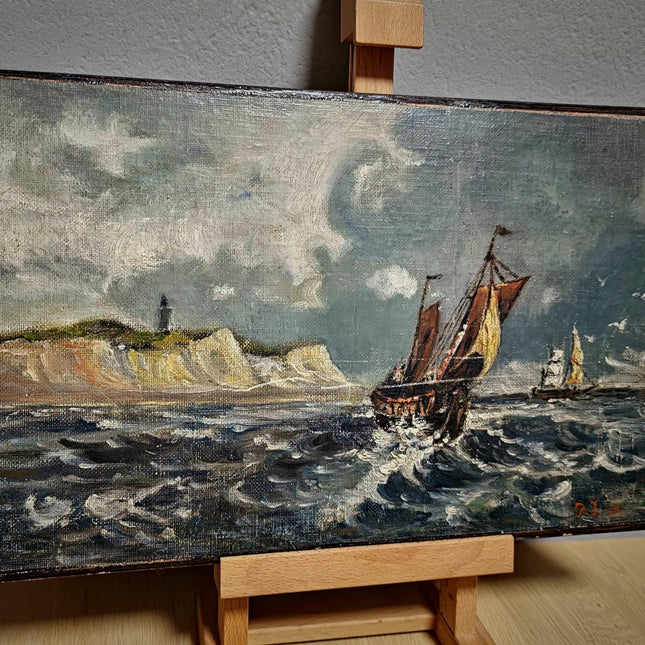 Antique Marine Oil Painting, 19th Century Sailing Ship, Original Signed Seascape Artwork, Stormy Sea with Lighthouse, French Coast Scene Art