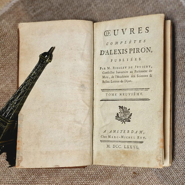 1776 Antique French Leather Bound Literature Book Set, Alexis Piron Complete Works, Dark Academia Bookshelf Decor Vintage Library Collection