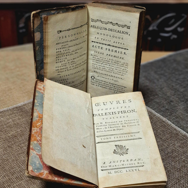 1776 Antique French Leather Bound Literature Book Set, Alexis Piron Complete Works, Dark Academia Bookshelf Decor Vintage Library Collection