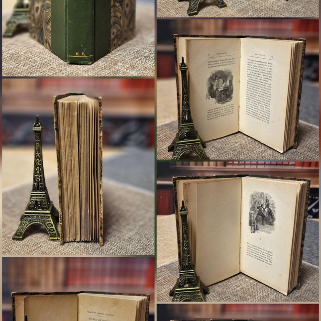 Antique French Leather Bound Books, 19th–Early 20th Century, Dark Academia Bookshelf Decor, Vintage Library Interior Set