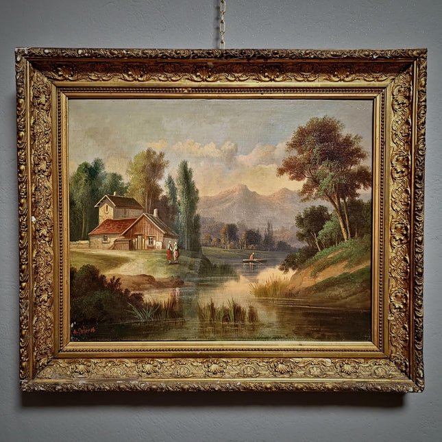 Antique French Oil Painting Rural Landscape, Signed River Scene on Canvas, Original Impressionist Artwork Gold Framed Cottagecore Wall Decor