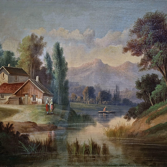 Antique French Oil Painting Rural Landscape, Signed River Scene on Canvas, Original Impressionist Artwork Gold Framed Cottagecore Wall Decor