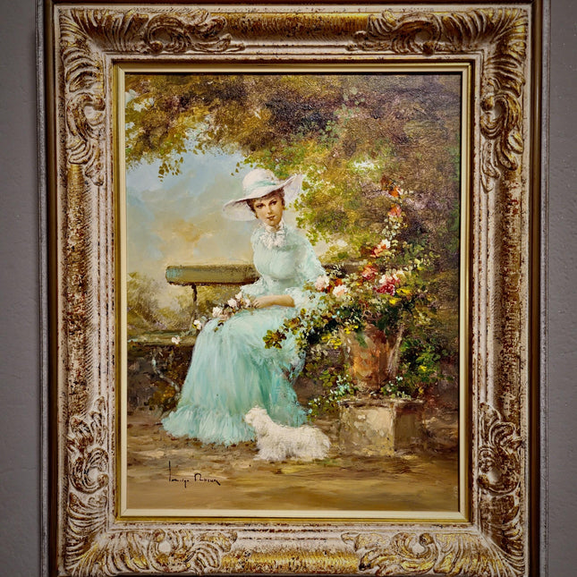 Vintage Italian Oil Painting Figurative Portrait, Elegant Woman with Dog, Signed Original Fine Art on Canvas, Framed European Wall Decor