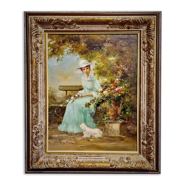 Vintage Italian Oil Painting Figurative Portrait, Elegant Woman with Dog, Signed Original Fine Art on Canvas, Framed European Wall Decor