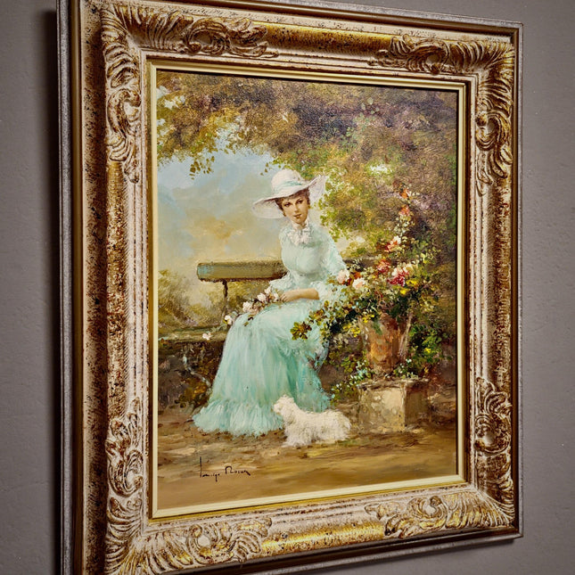 Vintage Italian Oil Painting Figurative Portrait, Elegant Woman with Dog, Signed Original Fine Art on Canvas, Framed European Wall Decor