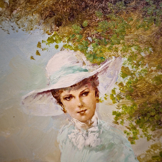 Vintage Italian Oil Painting Figurative Portrait, Elegant Woman with Dog, Signed Original Fine Art on Canvas, Framed European Wall Decor