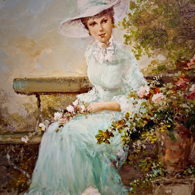 Vintage Italian Oil Painting Figurative Portrait, Elegant Woman with Dog, Signed Original Fine Art on Canvas, Framed European Wall Decor