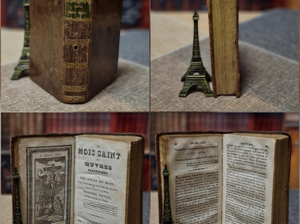 Rare Antique Religious French Book Set, Leather Bound, Catholic Spiritual Decor, Dark Academia Bookshelf Gift, Shabby Chic Library Display