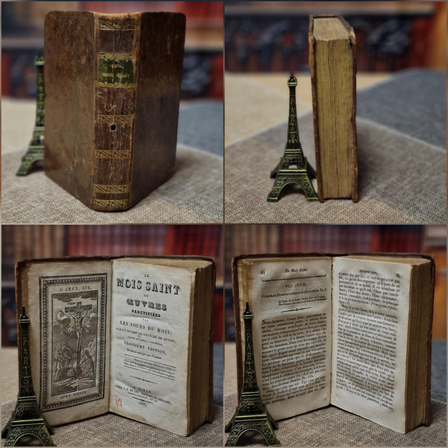 Rare Antique Religious French Book Set, Leather Bound, Catholic Spiritual Decor, Dark Academia Bookshelf Gift, Shabby Chic Library Display
