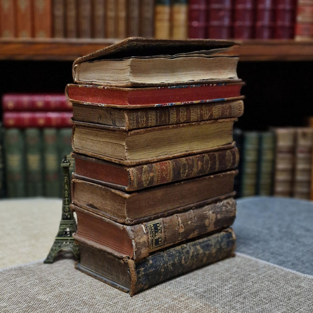 Rare Antique Religious French Book Set, Leather Bound, Catholic Spiritual Decor, Dark Academia Bookshelf Gift, Shabby Chic Library Display