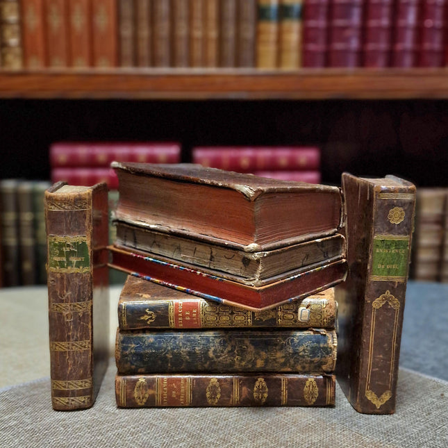 Rare Antique Religious French Book Set, Leather Bound, Catholic Spiritual Decor, Dark Academia Bookshelf Gift, Shabby Chic Library Display