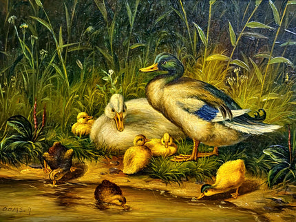 Antique Dutch Animal Oil Painting with Duck Family, Signed Artwork, Rustic Farmhouse Decor, Collectible Fine Art, Gold Framed Bird Wall Art