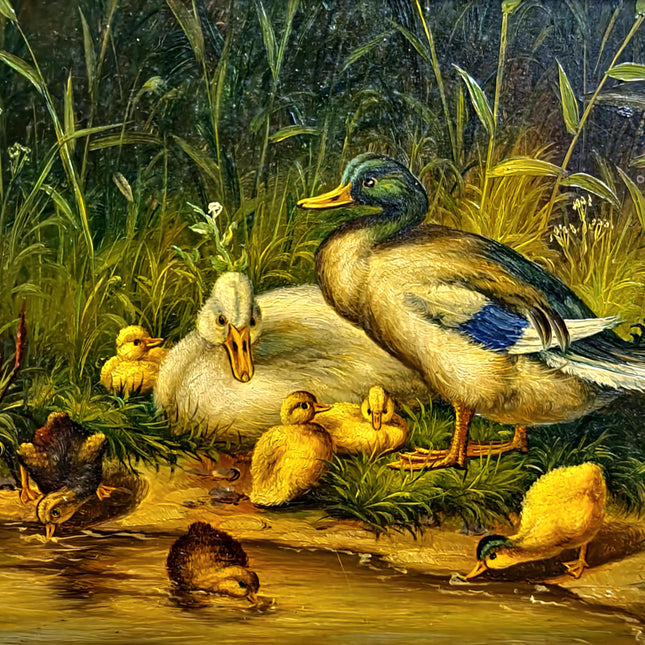Antique Dutch Animal Oil Painting with Duck Family, Signed Artwork, Rustic Farmhouse Decor, Collectible Fine Art, Gold Framed Bird Wall Art