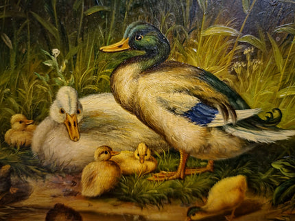 Antique Dutch Animal Oil Painting with Duck Family, Signed Artwork, Rustic Farmhouse Decor, Collectible Fine Art, Gold Framed Bird Wall Art