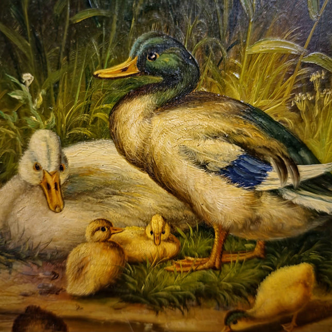 Antique Dutch Animal Oil Painting with Duck Family, Signed Artwork, Rustic Farmhouse Decor, Collectible Fine Art, Gold Framed Bird Wall Art